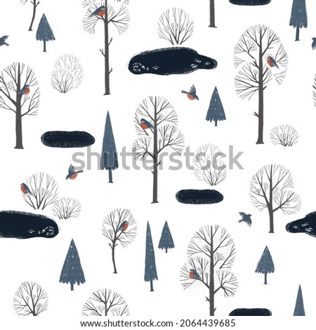 Seamless pattern with hand drawn winter forest and forest bullfinch birds. Stylish illustration, perfect for winter wrapping paper or fabric. Scandinawian minimalistic style.