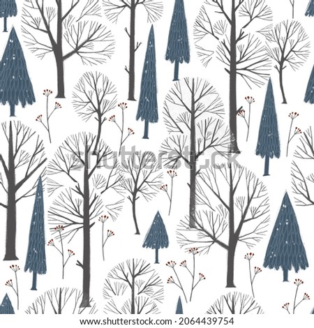 Seamless pattern with hand drawn winter. Stylish illustration, perfect for winter wrapping paper or fabric. Scandinawian minimalistic style.