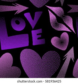 Seamless pattern with hand drawn word love, cupid's arrow, lipstick kisses and heart in pink and violet colors. Great print on a black background for poster, cards, textile, printing or fabric.