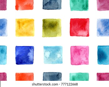 Seamless Pattern Of Hand Made Abstract Watercolor Squares / Mosaic