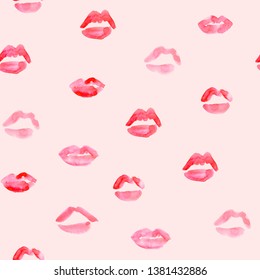 Seamless Pattern Of Hand Made Watercolor Lips/kisses; Love Design For Romantic Card