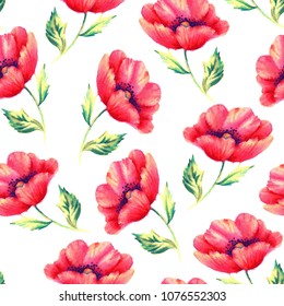 Seamless pattern with hand paint watercolor red poppy.