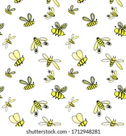 Seamless Pattern With Hand Painted Watercolor Yellow Butterfly Bee Insect, Abstract Lines Isolated On White Background. Stock Illustration. Fabric Wallpaper Print Texture.