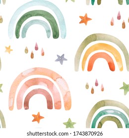 Seamless pattern. Hand painted watercolor illustration cute rainbows, on white background. 
