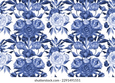Seamless Pattern Hand Painted Watercolor Illustration Artwork Flowers Peony and leaves Cobalt Blue, Floral Textile Design, Elegant Monochrome Classic Print, Plants and Leaves Texture Background - Εικονογράφηση στοκ