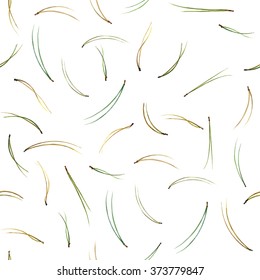 Seamless Pattern With Hand Painted Watercolor Pine Needles On White Background.