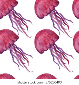 Seamless Pattern With Hand Painted Watercolor Red Crimson Jellyfish Medusa