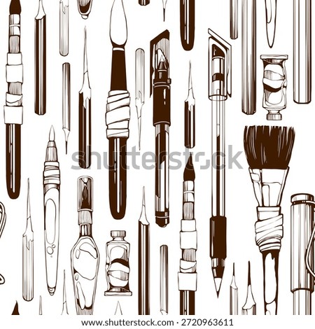 Seamless pattern of hand-drawn art tools in line art, including pens, brushes and nibs and paints. Design for textile, fabric, packaging, decoupage, prints, souvenirs.