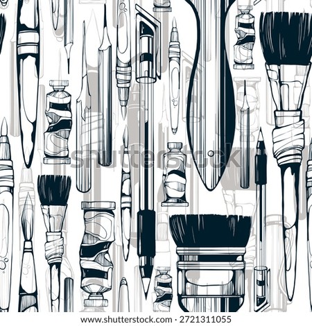 Seamless pattern of hand-drawn art tools in line art, including pens, brushes and nibs and paints. Design for textile, fabric, packaging, decoupage, prints, souvenirs.