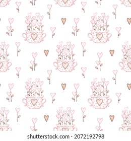 Seamless pattern hand-drawn by watercolor. Traditional love symbols - hearts, flowers, tea cup. Romantic background for Valentines, wedding, birthday party. Isolated on a white background