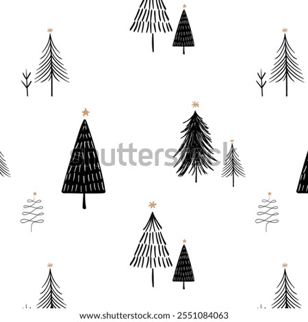 Seamless pattern with hand-drawn Christmas trees. Black and white trees with stars. Festive, minimalist design with Christmas trees. Holiday trees pattern. Holiday pattern isolated on white.