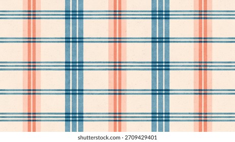 Seamless pattern of a hand-drawn grid or plaid design. Uneven horizontal blue lines and vertical salmon-pink lines overlap. The background is a soft, textured light beige or off-white.