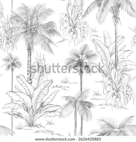 Seamless pattern with hand-drawn palm trees and tropical foliage in pencil sketch style. Monochrome botanical design perfect for fabric, wallpaper, and packaging. Clean and natural look with a vintage