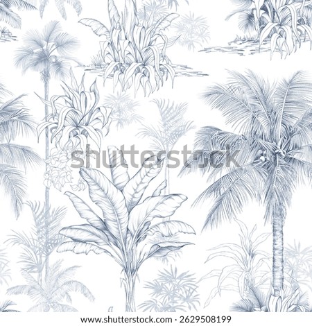 Seamless pattern with hand-drawn palm trees and tropical foliage in pencil sketch style. Blue monochrome botanical design perfect for fabric, wallpaper, and packaging.