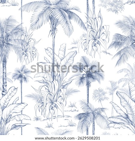Seamless pattern with hand-drawn palm trees and tropical foliage in pencil sketch style. Monochrome botanical design perfect for fabric, wallpaper, and packaging.