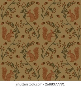 Seamless pattern with hand-drawn squirrels, acorns and berries on earthy background. Concept of woodland nature, autumn design and cozy forest wildlife illustration