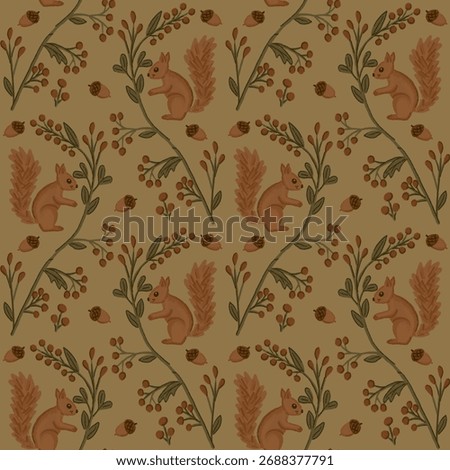 Seamless pattern with hand-drawn squirrels, acorns and berries on earthy background. Concept of woodland nature, autumn design and cozy forest wildlife illustration