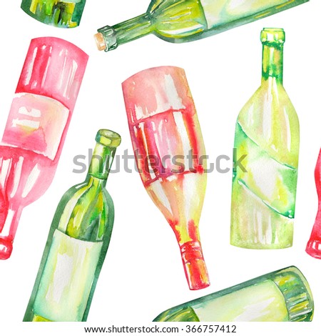 A seamless pattern with the hand-drawn wine bottles. Painted in a watercolor on a white background.