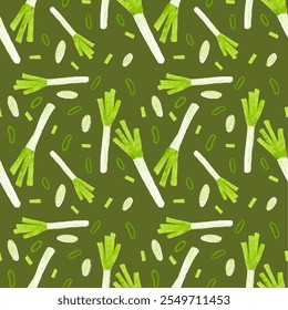 Seamless pattern hand-painted green onions, sliced rings, and small green accents on a deep green background. Ideal for kitchen-themed designs, textiles, and eco-friendly packaging. - Powered by Shutterstock