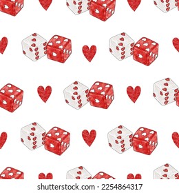 Seamless pattern with hand-painted watercolor red and white dices and red hearts. Valentine's Day seamless pattern design.