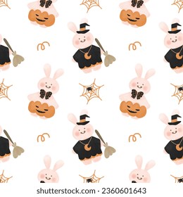 Seamless pattern and happy halloween bunny pumpkin rabbit witch cute kawaii cartoon for baby shower   wallpaper  backdrop  nursery  book cover