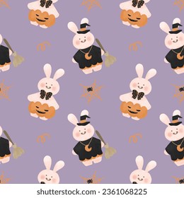 Seamless pattern and happy halloween bunny pumpkin rabbit witch cute kawaii cartoon for baby shower   wallpaper  backdrop  nursery  book cover