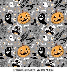 Seamless pattern Happy Halloween  and pumpkin    flying bat  dark color   illustration