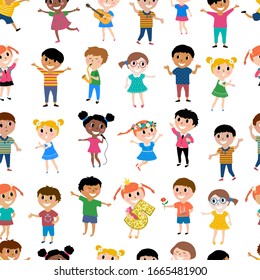 Seamless pattern happy kids. Multicultural children in different positions isolated on white background.