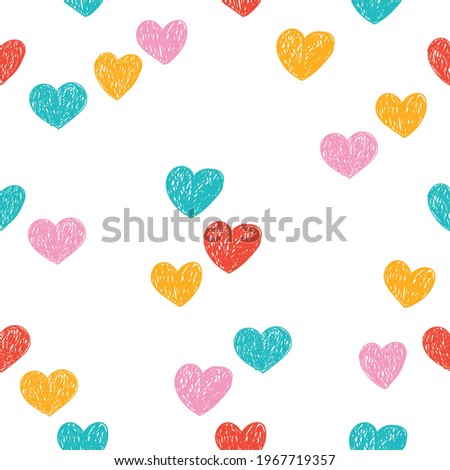 Seamless pattern with hearts drawn with colored pencils. Colorful background for fabrics, wallpaper, wrapping paper, perfumes, women's goods, Valentines day. Illustration isolated on white.