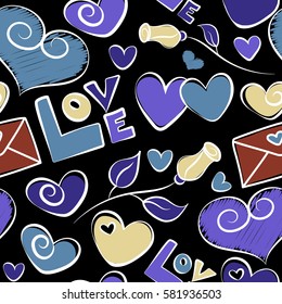 Seamless pattern of hearts, love letter, flower and love text in a blue and violet colors on a black background.
