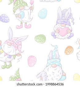 Seamless pattern. Holiday Easter cute cartoon gnomes