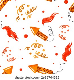SEamless pattern with holiday salute, firework, serpantine. Hand drawn watercolor background. Holiday celebrating. Happy Birthday party