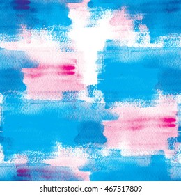 Seamless pattern of horizontal blue and pink watercolor stripes on a white background.