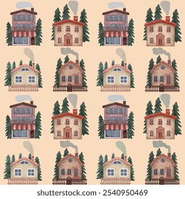 Seamless pattern with houses on a light background. Watercolor print with a fence, smoke from a chimney, dream houses - Powered by Shutterstock