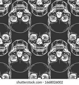 Seamless pattern with human skull. illustration in vintage engraved style.