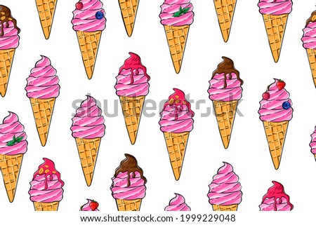 Seamless pattern of ice cream cones, color, raster