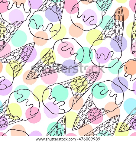 Seamless pattern with ice cream on a polka dot background. 