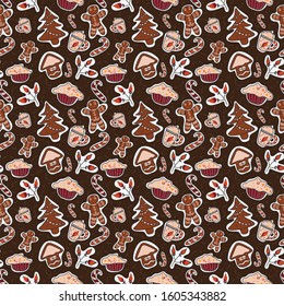 Seamless pattern illustration Christmas Cookies in cute cartoon doodle style isolated brown background Gingerbread men christmas tree cup rose hip candy Design for print  bags  textile  fabric 