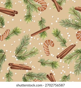 Seamless pattern Illustration with hand-drawn pine branches, gingerbread cookies, and cinnamon sticks scattered on a light brown background. Design for holiday wrapping paper, festive textile, or cozy