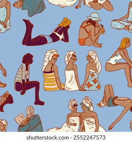 Seamless pattern illustration - people sunbathing on the beach. Women of different ethnic races and countries relax by the sea, pool. Family women's holiday. Resort wallpaper, tourism blue background. - Powered by Shutterstock