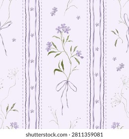 Seamless pattern with illustration purple vertical stripes and bows and flowers. Repeat ornament with purple striped ribbons and bouquet violet wildflower - phlox and wild flowering umbel.