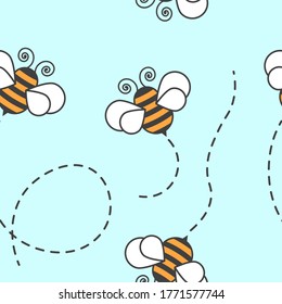 Seamless Pattern With The Image Of Cartoon Bees With The Trajectory Of Their Flight. Illustration On A Blue Background.