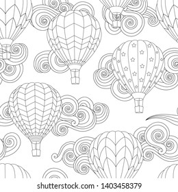 Seamless pattern with image of Hot air balloon in zentangle inspired doodle style isolated on white. Coloring book page for adult and older children. - Powered by Shutterstock