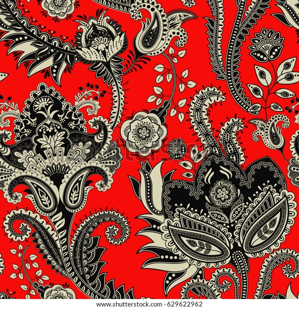 シームレスなパターン インドの花柄の背景 ペイズリー 赤 白 黒の壁紙 のイラスト素材