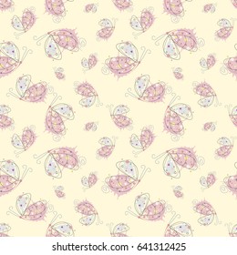 Seamless pattern with insect Hand drawn outline decorative endless background with cute drawn butterfly Graphic illustration. Line drawing. Print for wrapping, background, decor
