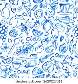 Seamless pattern inspired by La Dolce Vita – hand-drawn Mediterranean food, summer symbols and Italian coastal vibes