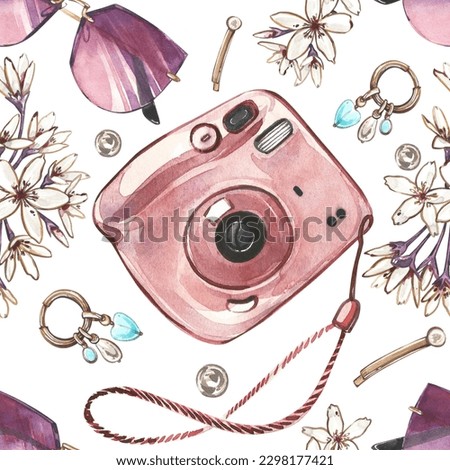 Seamless pattern instant photo camera, flowers, sunglasses, hairpin isolated on white. Watercolor handrawn illustration