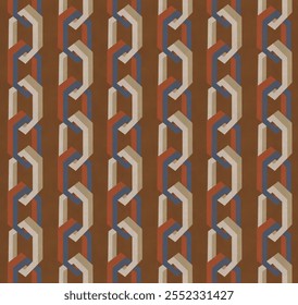 seamless pattern with interconnected shapes in shades of brown, beige, red and blue. The design creates a three-dimensional effect, resembling interlocking chains or zigzag paths