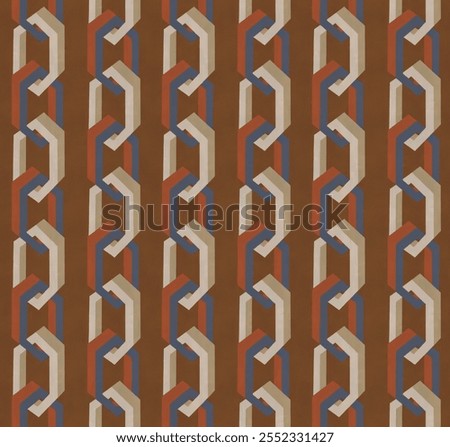 seamless pattern with interconnected shapes in shades of brown, beige, red and blue. The design creates a three-dimensional effect, resembling interlocking chains or zigzag paths