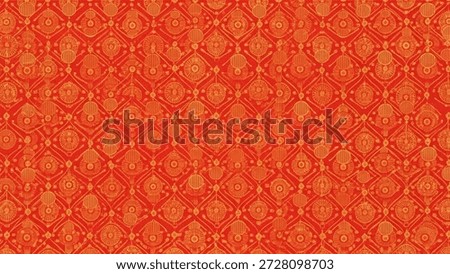 A seamless pattern of intricate, repeating geometric motifs in warm orange and red hues, evoking a sense of traditional textile art.